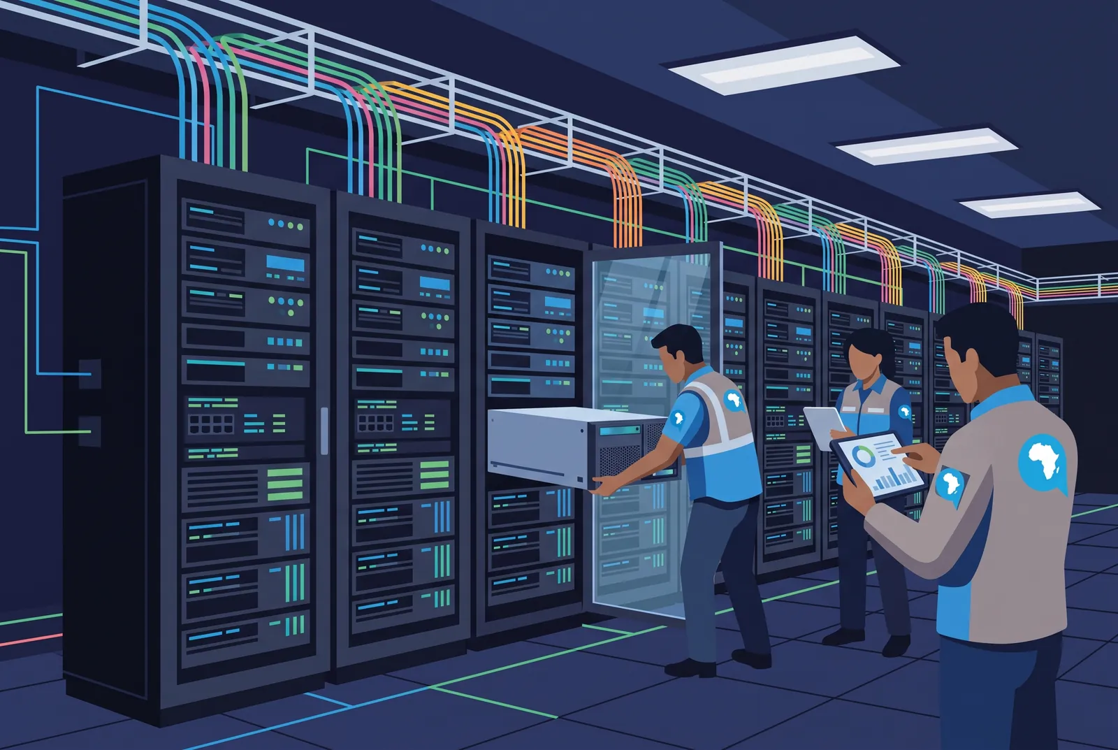 Engineers racking and commissioning servers in the voice data centre
